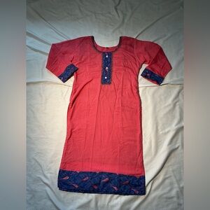 Women’s Pink Shift Dress with Blue Embroidered Trim